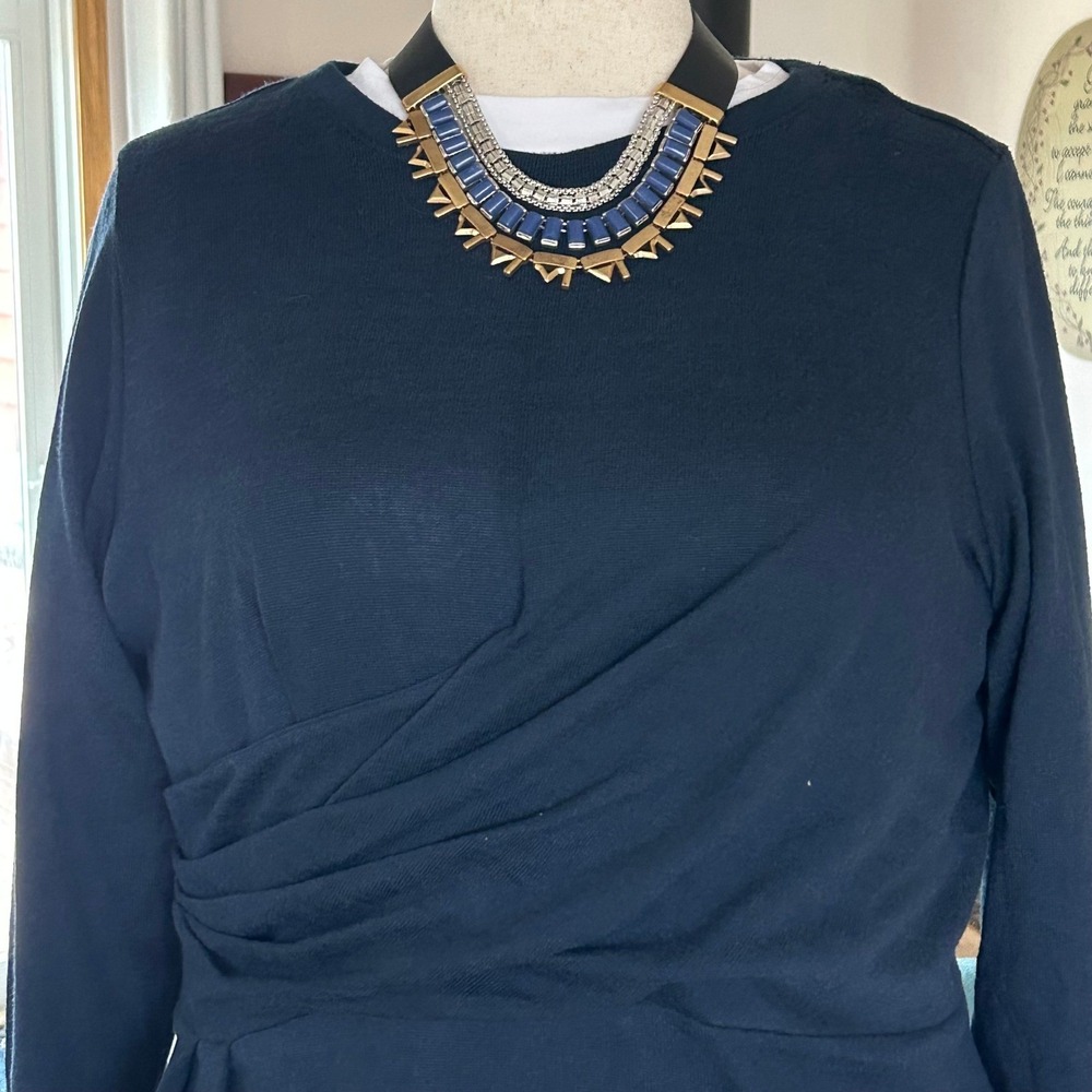 DG2 Diane Gilman Peplum Top Women Large Navy Blue Wrap Front Long Sleeve Stretch